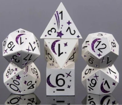 Cosmic dice: silver and purple in a metal box