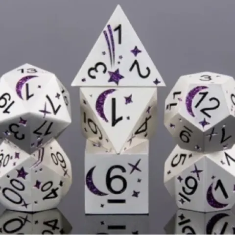 Cosmic dice: silver and purple in a metal box
