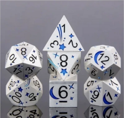 Cosmic dice: silver and purple in a metal box
