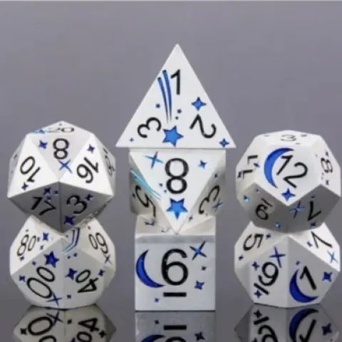 Cosmic dice: silver and purple in a metal box