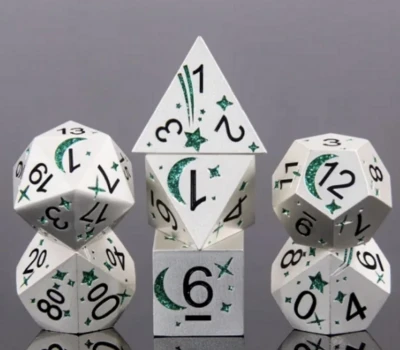Cosmic dice: silver and green in a metal box