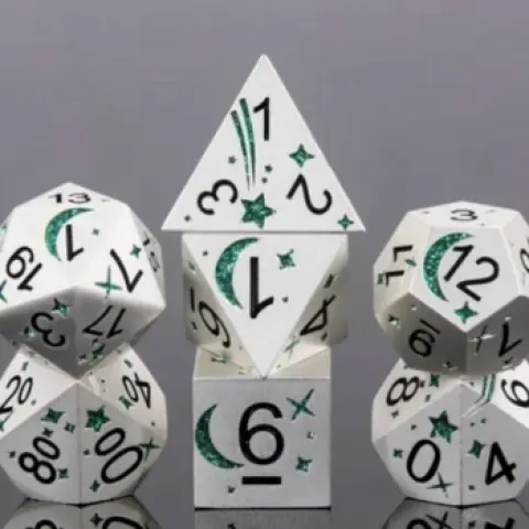 Cosmic dice: silver and green in a metal box