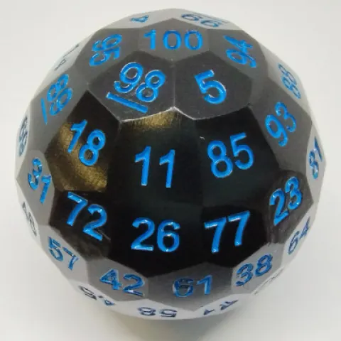 Metal d100 - Black with blue numbers in a metal box
