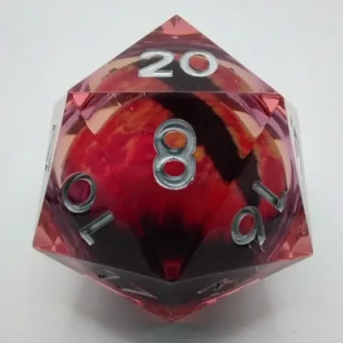 Jumbo 55mm Liquid Core d20 with LED - Red dragon eye in a suedecloth pouch