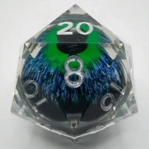 Jumbo 55mm Liquid Core d20 with LED - Blue demon eye in a suedecloth pouch