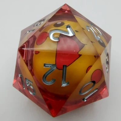 Jumbo 55mm Liquid Core d20 with LED - Pikachu in a suedecloth pouch