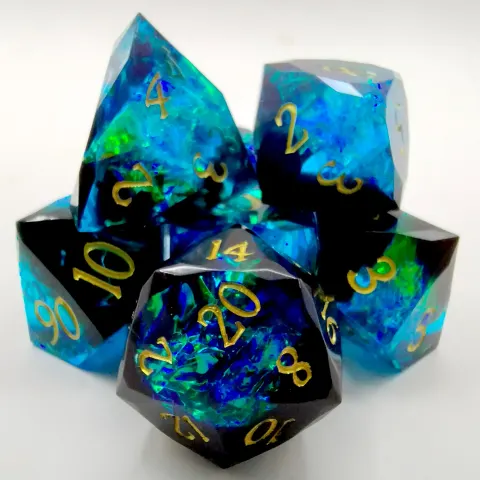 Diamond-cut resin:black and blue with gold numbers in a metal box