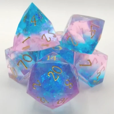 Diamond-cut resin:blue and pink with gold numbers in a metal box