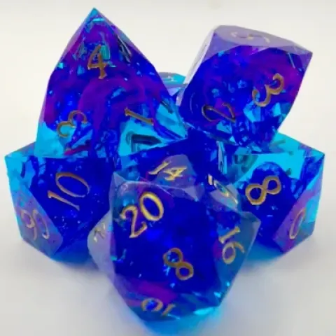 Diamond-cut resin: blue with gold numbers in a metal box