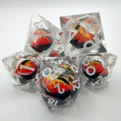 Dragon Eye dice kit - translucent with red dragon eye in a bottle with screw-cap