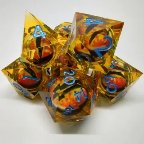 Dragon Eye dice kit - orange with blue numbers in a bottle with screw-cap