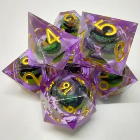 Dragon Eye dice kit - purple with green eyeball in a bottle with screw-cap