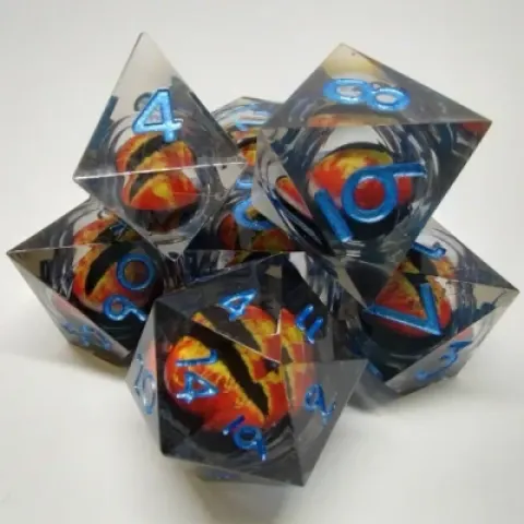 Liquid Core Dragon Eye dice kit - smoke and orange in a bottle with screw-cap