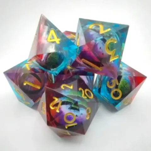 Liquid Core Dragon Eye dice kit - blue / red with gold numbers in a bottle with screw-cap