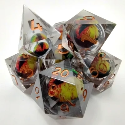 Dragon Eye dice kit - smoke with multicoloured eye in a bottle with screw-cap