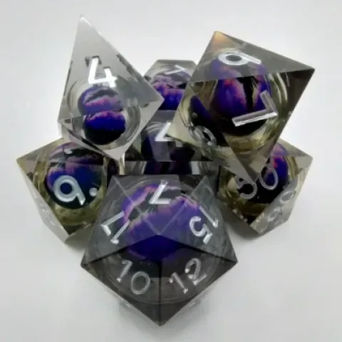 Dragon Eye dice kit - smoke with purple eye in a bottle with screw-cap