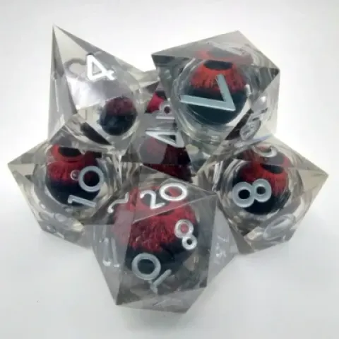 Demon Eye dice kit - smoke with red eye in a bottle with screw-cap