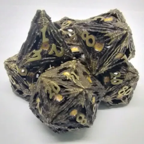 Devil-Eye Dice Kit - Brushed gold with shimmering orange eye in a metal box
