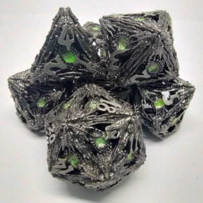 Devil-Eye Dice Kit - Brushed silver with shimmering green eye in a metal box