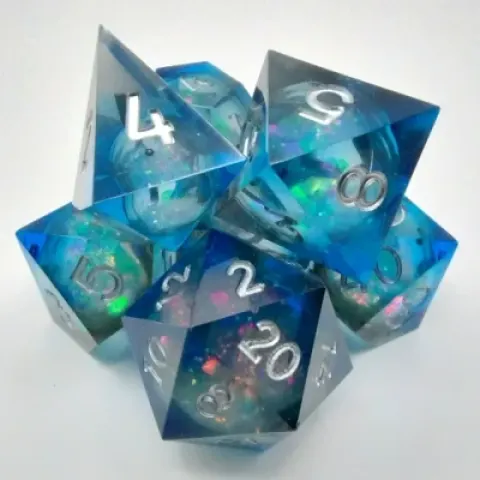 Maelstrom of Dreams dice kit - black and blue in a bottle with screw-cap