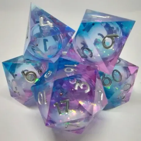 Maelstrom of Dreams dice kit - blue and pink in a bottle with screw-cap